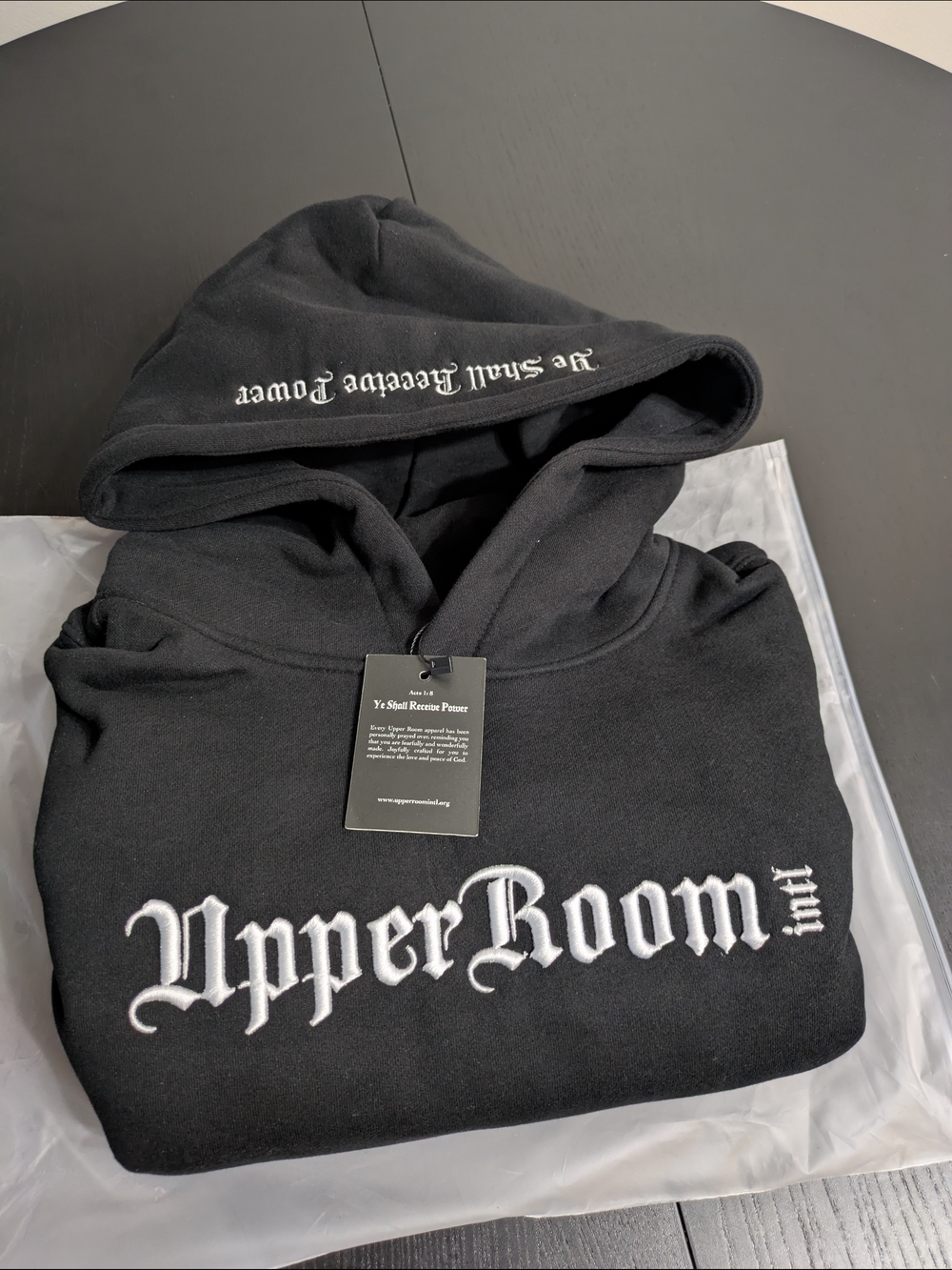 Upper Room International Black Hooded Sweatshirt With White Lettering